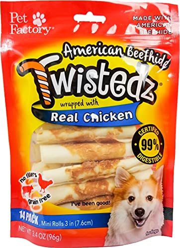 Pet Factory Twistedz American Beefhide Mini Rolls 27203, Wrapped with Real Chicken Dog Chews, Small/Medium Breed Dog Treats, 99% Digestible Filler-Free Rawhide Sticks (3 Pack of 14 Rawhide Treats)