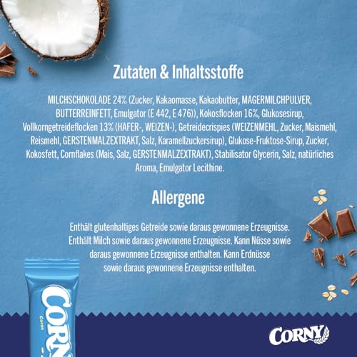 Müsliriegel Corny Classic Cocos | Mit exotischer Kokosnuss und Schokolade | 100er-Karton Vorratspackung | Snack für Tagung, Meeting & Ausflug | 100 x 25 g