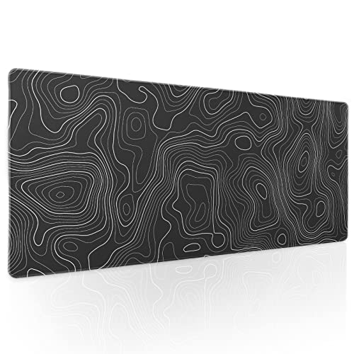 Image of Topographic Map Large Mouse Pad XL Black Lines Contour Geographic Extended Large Desk Mat Big Desk Pad 80X30 CM Non-Slip Rubber Base Stitched Edge Long Mousepad,31.5x11.8 Inch