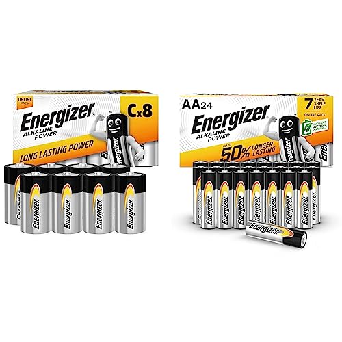 Energizer C Batteries, Alkaline Power, 8 Pack - Amazon Exclusive & AA Batteries, Alkaline Power, 24 Pack, Double A Battery Pack (Packaging may vary)