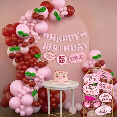 Image of Party Propz Cherry Theme Birthday Decoration Kit -115 Pcs, Birthday Decoration Items with Cherry Theme Props, Happy Birthday Banner, Balloons for Birthday, Birthday Decor Kit for Girls (Cardstock)