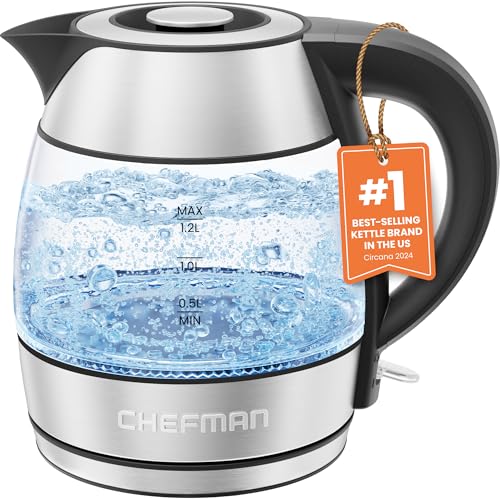 Chefman 1.2L Electric Tea Kettle with LED Lights, Automatic Shut Off, Removable Lid, Boil-Dry Protection, Hot Water Electric Kettle Water Boiler, Electric Kettles for Boiling Water -  RJ11-12