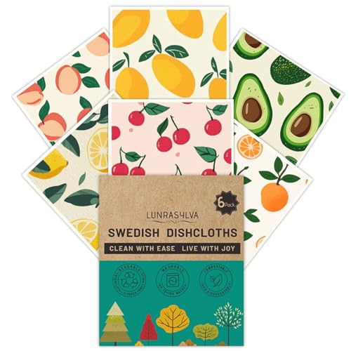 Swedish Dishcloths for Kitchen 6 Pack Reusable Paper Towels Super Absorbent Biodegradable Quick Drying Washable Dish Cloths Dishwasher Safe Perfect as Hostess or Housewarming Gifts (Fruit)