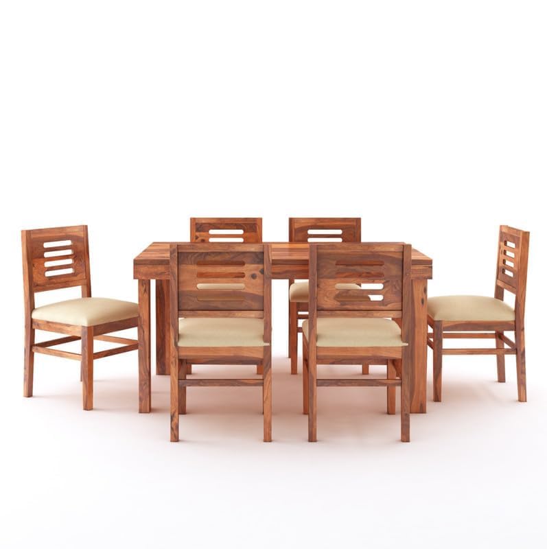 Image of Solid Sheesham Wood Dining Table Set with Chairs | Brown Modern Decorative Dining Set for Home /Office /Dining Room /Hotels | Honey, 6 Seater with Cushioned Chairs