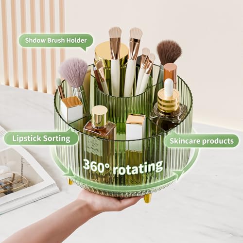Image of Clear Rotating Makeup Organizer Countertop for Vanity, 360 Makeup Brush Holder Organizer with 5 Compartments, Transparent Cosmetic Storage for Lipstick, Skincare, Bathroom Counter(Transparent Green)