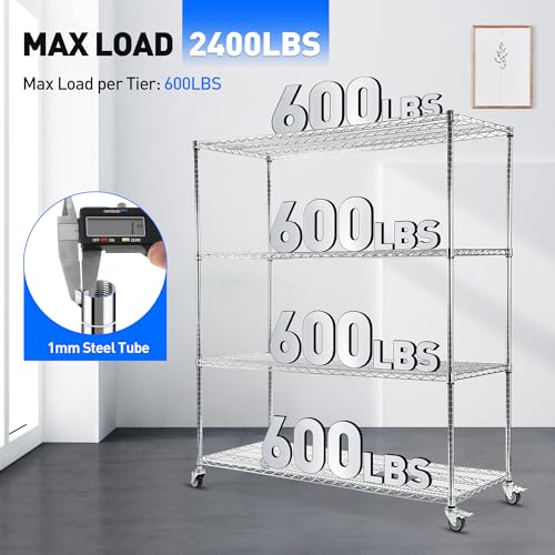 Rengue Wire Shelving with Wheels, 60"x 24"x72" Metal Storage Shelves, 4-Tier Heavy Duty Garage Storage Shelves, Chrome 2400LBS Capacity Wire Shelf Rack for Restaurant, Garage, Pantry, Kitchen - Image 6