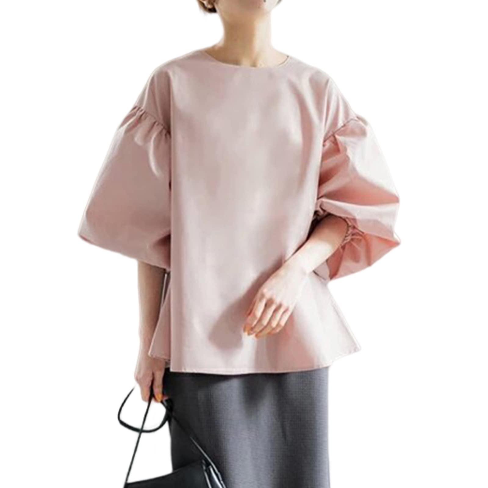 [MEME XTRA] メメエクストラ ブラウス レディース 七分袖 夏 春 半袖tシャツ パフスリーブ トップス 無地 かわいい カットソー カジュアル 夏服 オフィス おしゃれ 大きいサイズ ゆったり シャツ 丸襟 襟なし 着痩せ キレイめ 透け感 通勤