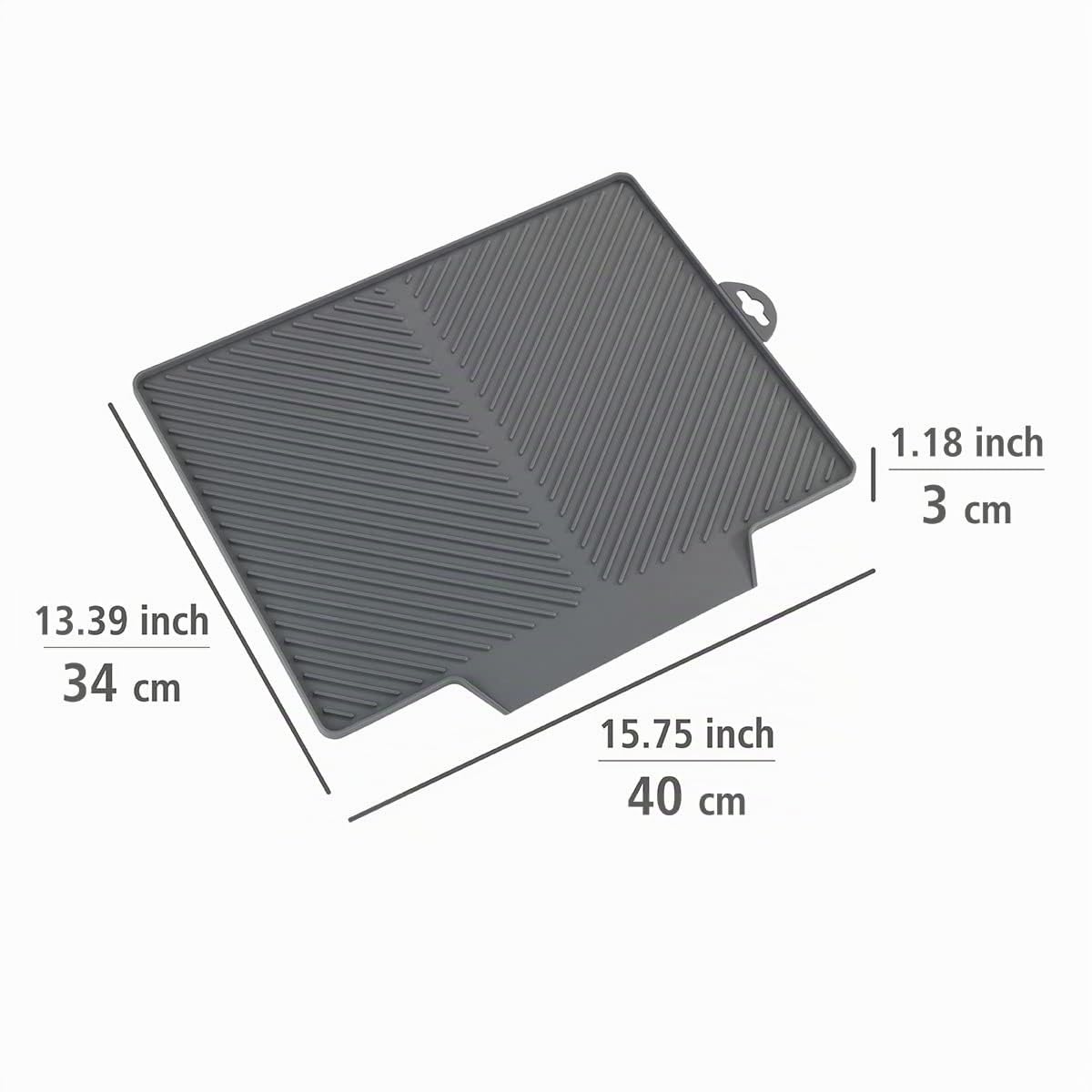 WENKO Escurreplatos Nelia, estera de goma con estructura acanalada e inclinada para un óptimo drenaje del agua, extensión lateral para el fregadero, plástico de calidad, 34 x 3 x 40 cm, gris