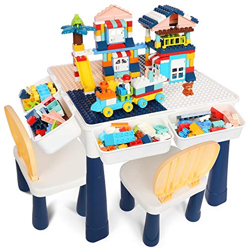 idoot 7 in 1 Multi Kids Activity Table Set with 2 Chairs and 158 Pcs Large Size Blocks Compatible with Classic Blocks.Water Table,Sand Table and Blocks Table for Toddlers Activity
