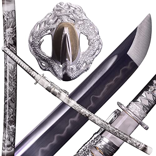 ANATAK Handmade Katana Sword,Japanese Samurai Sword by 1060 Carbon Steel/Damascus Folded Steel/T10 Steel Carbon Steel Clay Tempered,Full Tang,40.5-Inch (Silver Dragon-T10)