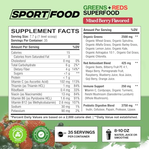 Sport Food Sportfood Organic Greens & Reds Superfood Powder | Mixed Berry Flavor | 25+ Super Fruits & Veggies, Beets, Prebiotics | Energizing, Antioxidant-Rich thumb #1