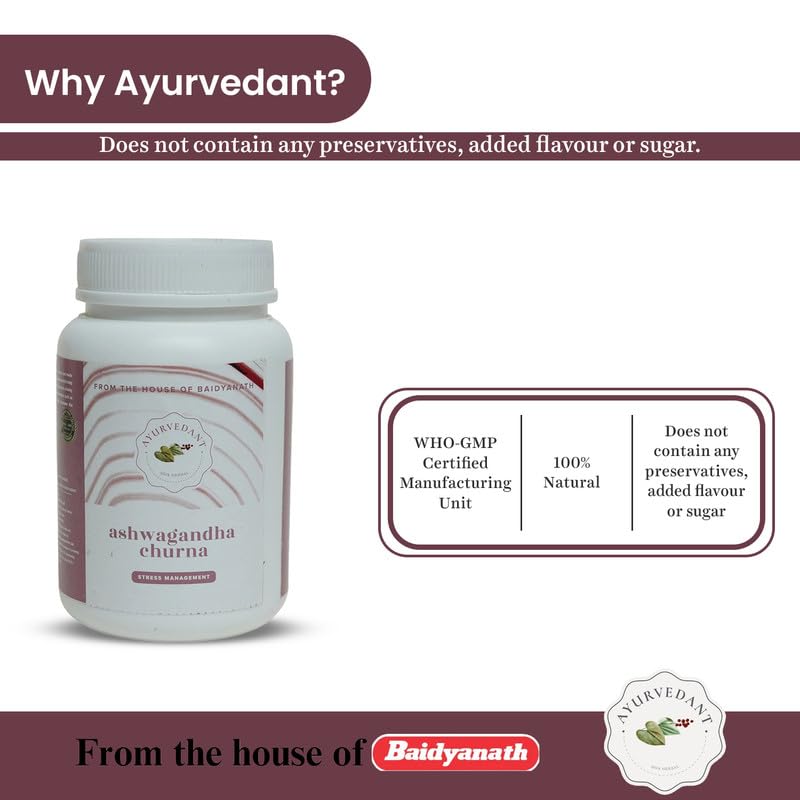 Baidyanath Ayurvedant Ashwagandha Churan 100 GM | Stress Management, Improves Strength & Energy, Rejuvenates Mind & Body, Enhances Overall Wellbeing (Pack of 1) 4