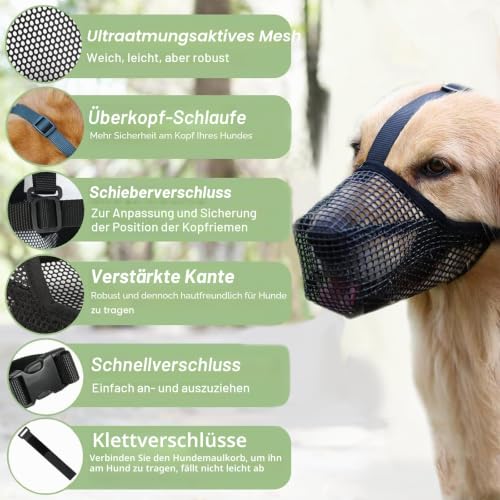 Maulkorb für große Hunde, Maulkorb mittlere Hunde mit Klettverschluss, Atmungsaktive Haustier Maske Hundetraining für Kleine Mittlere große (Schwarz, M)