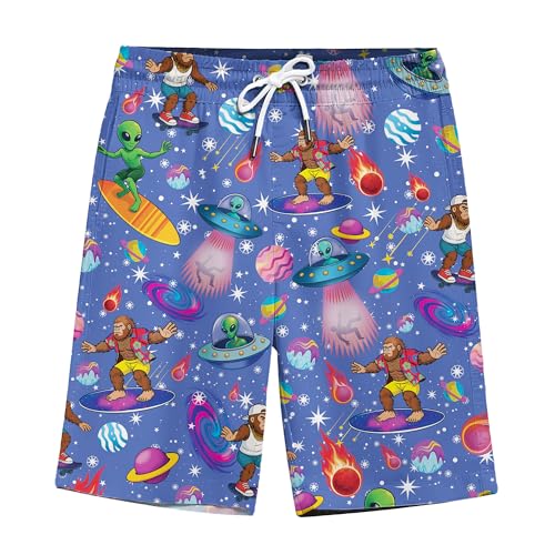 Tropical Colorful Bigfoot Alien Raccoon Hawaiian Shorts for Men Sasquatch Palm Tree Beach Shorts Men