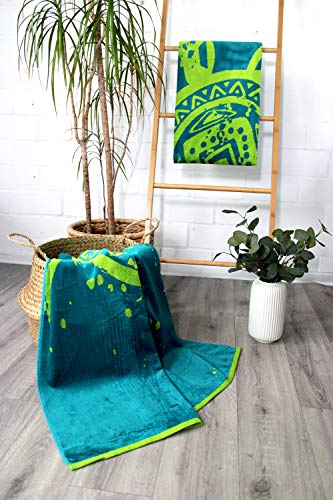 jilda-tex Strandtuch 90x180 cm Badetuch Strandlaken Handtuch 100% Baumwolle Velours Frottier Pflegeleicht (Ethno Turtle)