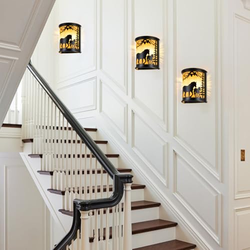 Image of Rustic Horse Wall Sconces, 2-Light E12 Farmhouse Black Metal Lamp | Rustic farmhouse style, Horse lamp,Modern Black Lighting for Bedroom, Living Room, Hallway, Stairway, Porch, Cabin