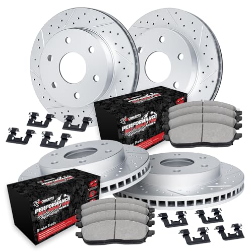 Image of R1 Concepts Front and Rear Brake Kit Fits 2010-2023 Lexus GX460; 2010-2024 Toyota 4Runner; 2010-2021 Toyota Land Cruiser| Off-Road /Tow Pads, Drilled Slotted Rotors| Hardware| 13.3 inch Front & 12.3 inch Rear