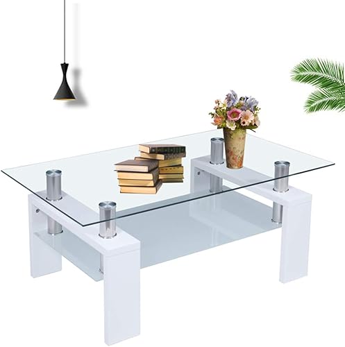 Miniatura 9 de Axonl - Mesa auxiliar rectangular moderna para sala de estar, mesa central de cristal para sala de estar, mesa de centro de 2 niveles con