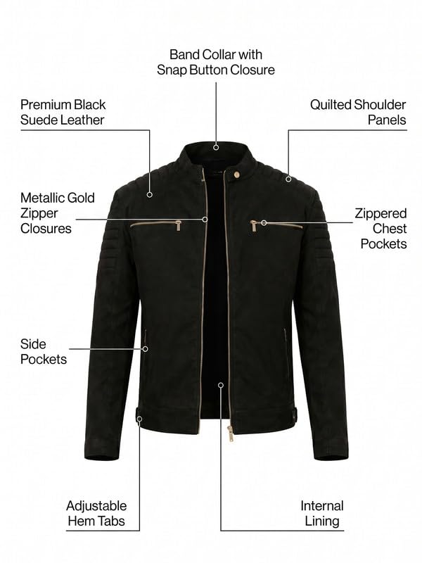 Image of Leather Retail Men's Black Suede Biker Jacket | Faux Suede | Black | Stand Collar | Zip Closure | Regular Fit