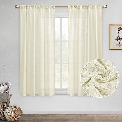 Dwcn Flax Linen Sheer Curtains Semitransparent Window Panels Rod Pocket Living Room Voile Sheer Curtains Light Glare Filtering, Set Of 2, Light Beige, 52 X 54 Inches #TOP8