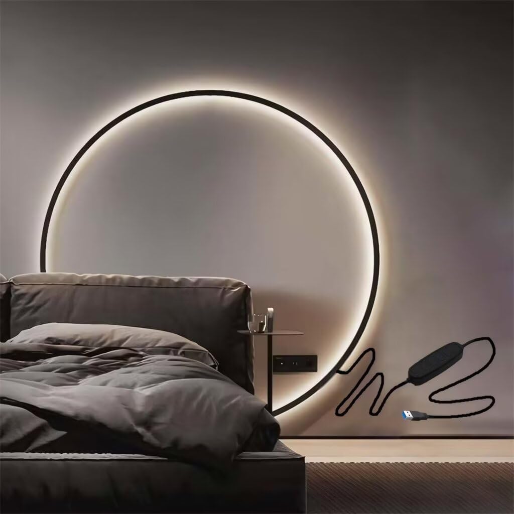 DESHOME Kreis Wandleuchte 100cm Schwarz Rund Wandlampe 3 Lichtfarben+10 Helligkeiten Innen LED Indirekte Beleuchtung Minimalistische Ring Lampe Wand mit USB-Betrieb, für Wohnzimmer-Sofa Büro Geschäft