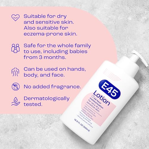 E45 Moisturising Lotion 500 ml for Dry & Sensitive Skin - Long-Lasting Hydration Protect from Dryness, Reduce Redness - Dermatological Body Moisturiser Lotion - Body Lotion - Daily Moisturiser - Image 3