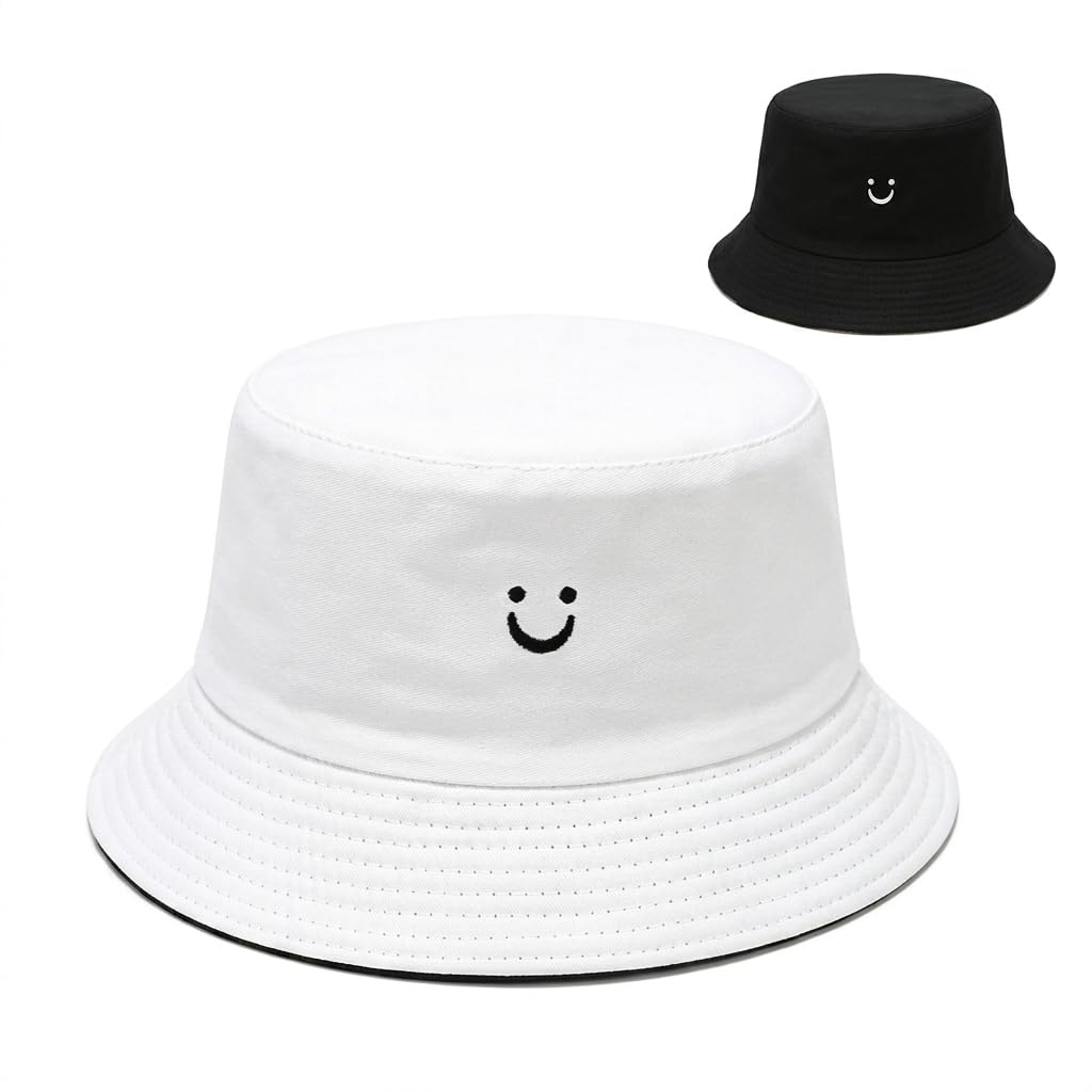 Vorergyllic Girls Multicolour Reversible Smiley Face Bucket Hat For Kids, 2 In 1 Cotton Summer Sun Hat, Packable Uv Protection Beach Fisherman Hat For Travel, Festival, Outdoor,Suitable For Ages 2–8 Black + White