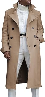 chouyatou Men's British Style Double Breasted Heavyweight Mid Long Wool Pea Coat
