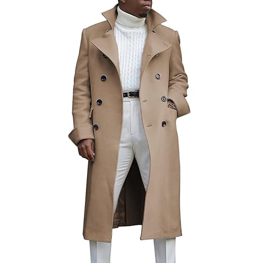 chouyatou Casaco masculino estilo britânico trespassado pesado médio longo de lã