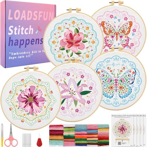 LOADSFUN 5 Pack Embroidery Kit for Beginners - Needlepoint Kits for Adults Step by Step Instructions with Video Tutorials, Full Craft Tool Set with Hoop, Needles and Threads