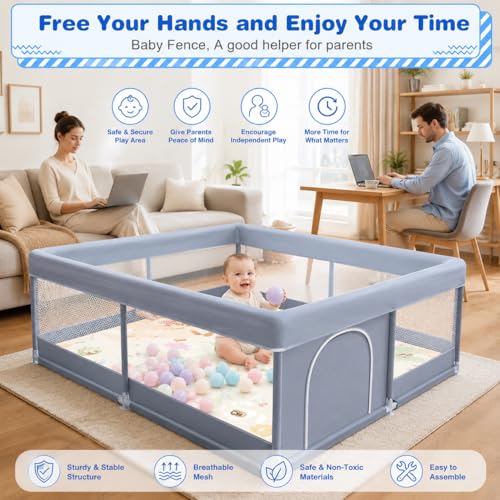Image of MONSTECH Large Baby Playpen 120x120cm Playpen for Babies up to 5 Years with Balls, Anti-Fall Rings, Safety Lock, Breathable Mesh Playpen for Babies, Kids Activity Center (120 * 120 Blue)