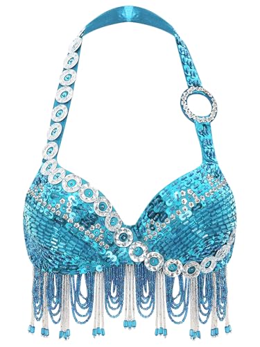 Jelory Women's Belly Dance Bra Top Sparkle Glittering Rhinestone Tassel Bras Adjustable Straps Underwear