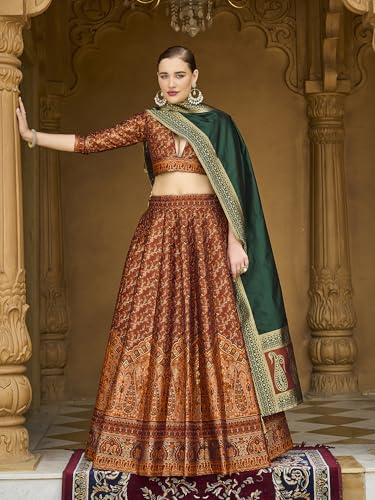 Image of PURVAJA Women's Kanjiwaram Semi-Stitched Lehenga choli