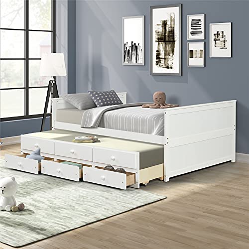 Full Captain’s Bed with Trundle Bed, Wood Storage Daybed with 3 Storage Drawers, Wooden Platform Bed Great for Adults Kids Guests Sleepovers (Full Size White)