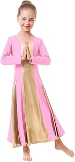 IMEKIS Vestido de danza litúrgica para niñas y niños, de manga larga, con empalme metálico dorado, casual, holgado, plisado, falda de alabanza, disfraz de salón de baile