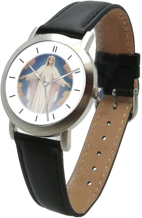 Virgin Mary is The Inspirational Image on The Dial of The Unisex Size Brushed Chrome Round Case with Navy Blue Leather Strap