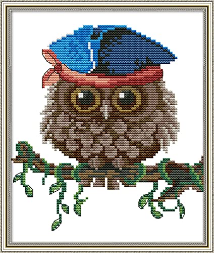Image of Amiiba Stamped Cross Stitch Kits, Spring Scene Animal Owl Hat Blue Cute Bird DIY 11CT 9.4x11 inch (Owl)