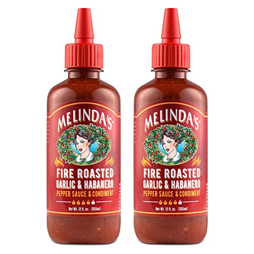 Image of Melinda's Fire Roasted Garlic & Habanero Hot Sauce - Made with Slow Roasted Garlic, Fresh Peppers, Lime Juice - Rich & Smoky Habanero Hot Sauce 12oz, 2 Pack