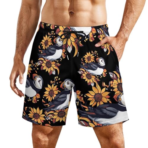 Puffines Bird Sunflower Mens Swim Trunks with Quick-Drying Lining Beach Shorts for Outdoor Sports