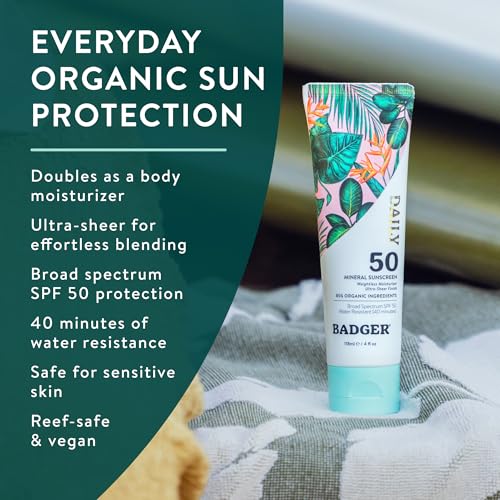 Image of Badger SPF 50 Daily Mineral Sunscreen with Zinc Oxide, 85% Organic, Lightweight & Easy to Apply, No White Cast, Moisturizing, Reef Safe, Vegan, Unscented, 4 fl oz, 2 Pack