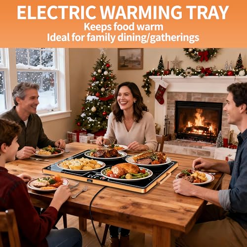Image of Food Warming Mat (XL 24 inchx16 inch), Food Warmers for Parties Buffet and Daily Use, Full Surface Warm Evenly Electric Warming Tray with Button Temperature Control, Gold Handles Warming Mat for Food, Black