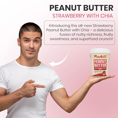 Image of Pinobite Strawberry Flavored Peanut Butter Crunchy 1kg, 100% Roasted Peanuts & Chia Seeds Unsalted, Unsweetened, Gluten-Free, High-Protein 24gm, Healthy Spread for Breads, Smoothies