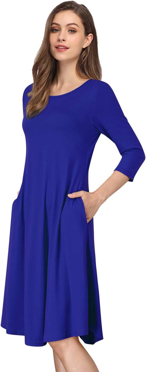 MISSKY Women's 3/4 Sleeve Scoop Neck Pockets Loose Swing Casual Midi Dress(S RoyalBlue