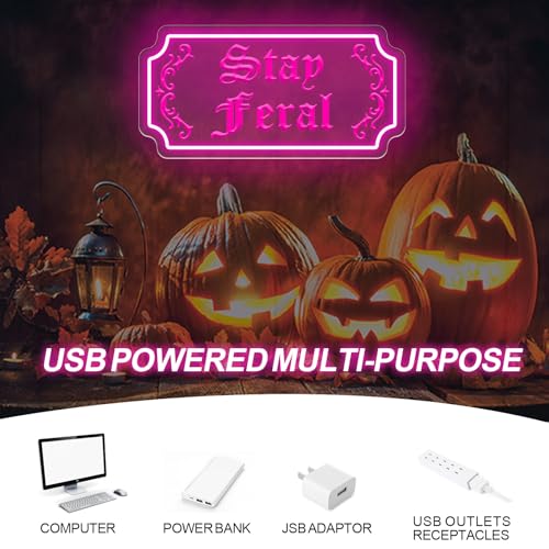 Image of Stay Feral Neon Sign Gothic Decor LED Light Goth Lover Gift | USB Powered Dimmable Halloween Decoration Bat Neon Sign Decor Ghost Spooky Wall Art 15.7 inchx7.9 inch Pink