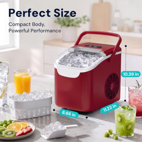 Image of Kismile Countertop Ice Maker Machine, 26Lbs /Day Fastest 6‑Min Ice | 8 bullet ice in 6min, 2 sizes, energy-saving, portable mini, with handle,basket,scoop. Home /bar /RV /camping /office.Red