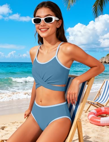 Image of Queenstyle Girls Swimsuits Bikini Set Kids Cutout Bathing Suit Bikini Top Two Piece Girls' Swimwear