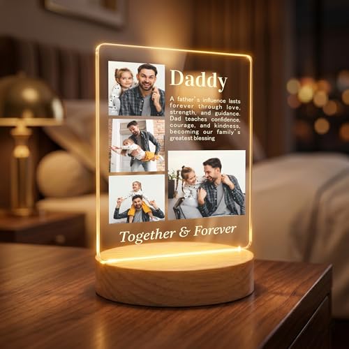 Image of Giftplease Fathers Day Personalized Rectangle Acrylic LED Frame - Custom Photo Wood Stand Tabletop Display with 4 Family Images & Meaningful Quote, Warm Decorative Photo For Dad, Grandpa Birthday