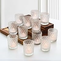 Teelichtgläser Glas, 12er Set Transparent Teelichthalter mit Muster-Prägung, Klassische Kerzengläser für Votivkerzen, Kerzenhalter Glas als Tischdekoration für Hochzeit, Geburtstag, Party & Wohndeko