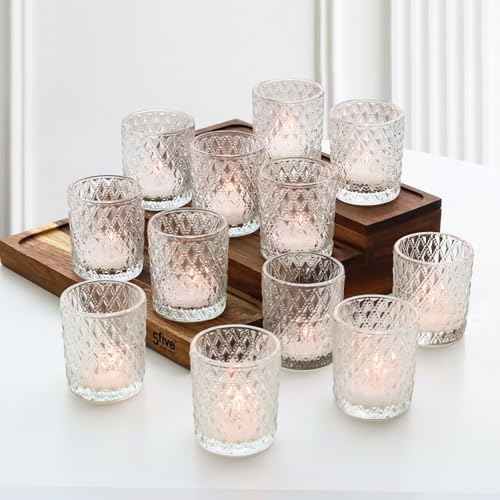 Teelichtgläser Glas, 12er Set Transparent Teelichthalter mit Muster-Prägung, Klassische Kerzengläser für Votivkerzen, Kerzenhalter Glas als Tischdekoration für Hochzeit, Geburtstag, Party & Wohndeko