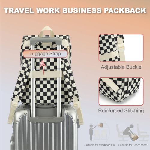 Image of Women Laptop Backpack, Corduroy 15.6 inch Travel Backpack for Work College Business, Teacher Nurse Bag with Large Capacity School Bookbag Bags for Girls - Checkered Black
